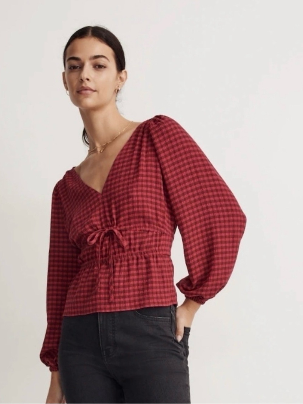 Madewell Crinkled V Neck Peplum Top in Plaid